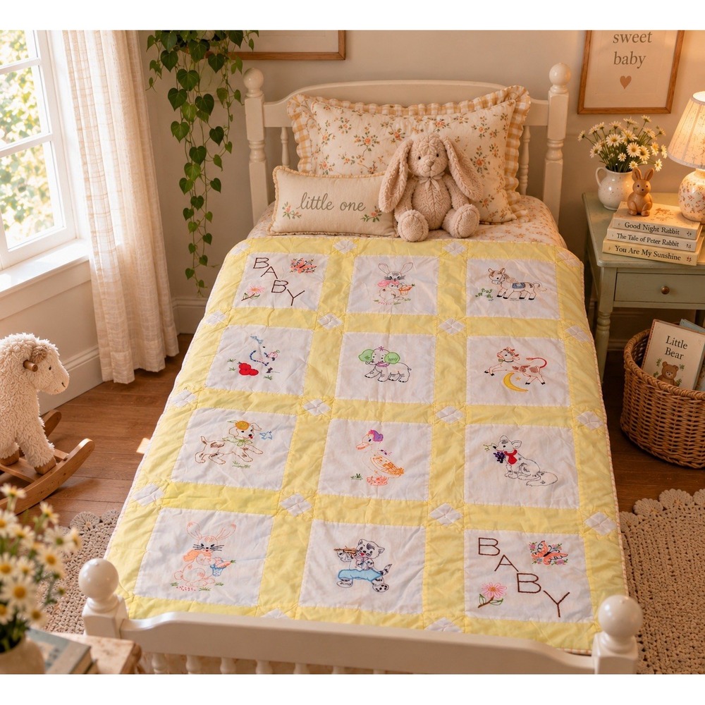 Vintage Handmade Baby Quilt Hand Embroidered Animals Yellow Nursery Crib BABY